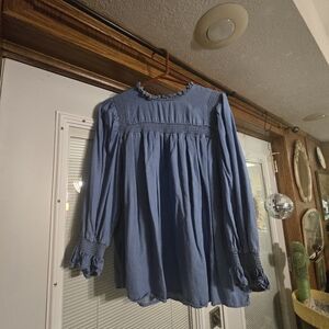 Blue Smocked Yoke Long-Sleeve Tunic Top